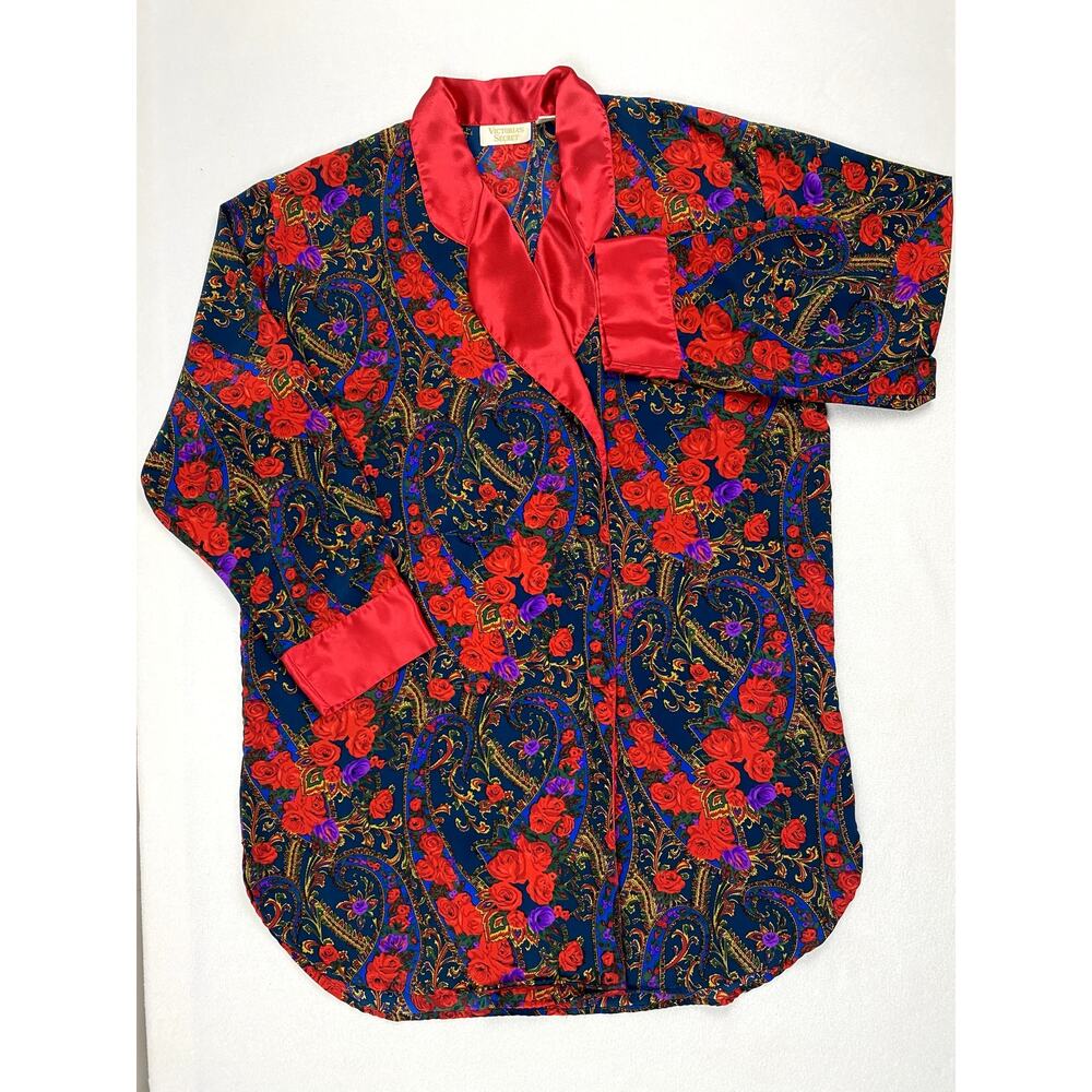 VTG Victoria's Secret Gold Label Paisley Satin Lounge Jacket Top Medium Red 80s